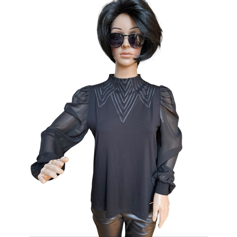 Nine West Black Enbroidered Sheer Sleeves Top, NWT, S